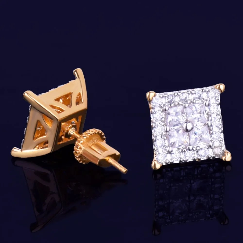 Men 12MM Square Baguette Zircon Stud Earring Silver And Gold